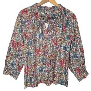 Fitzroy & Willa Colorful Floral Fall Frenzy Tie Neck Puff Sleeve Pam Top Size XS